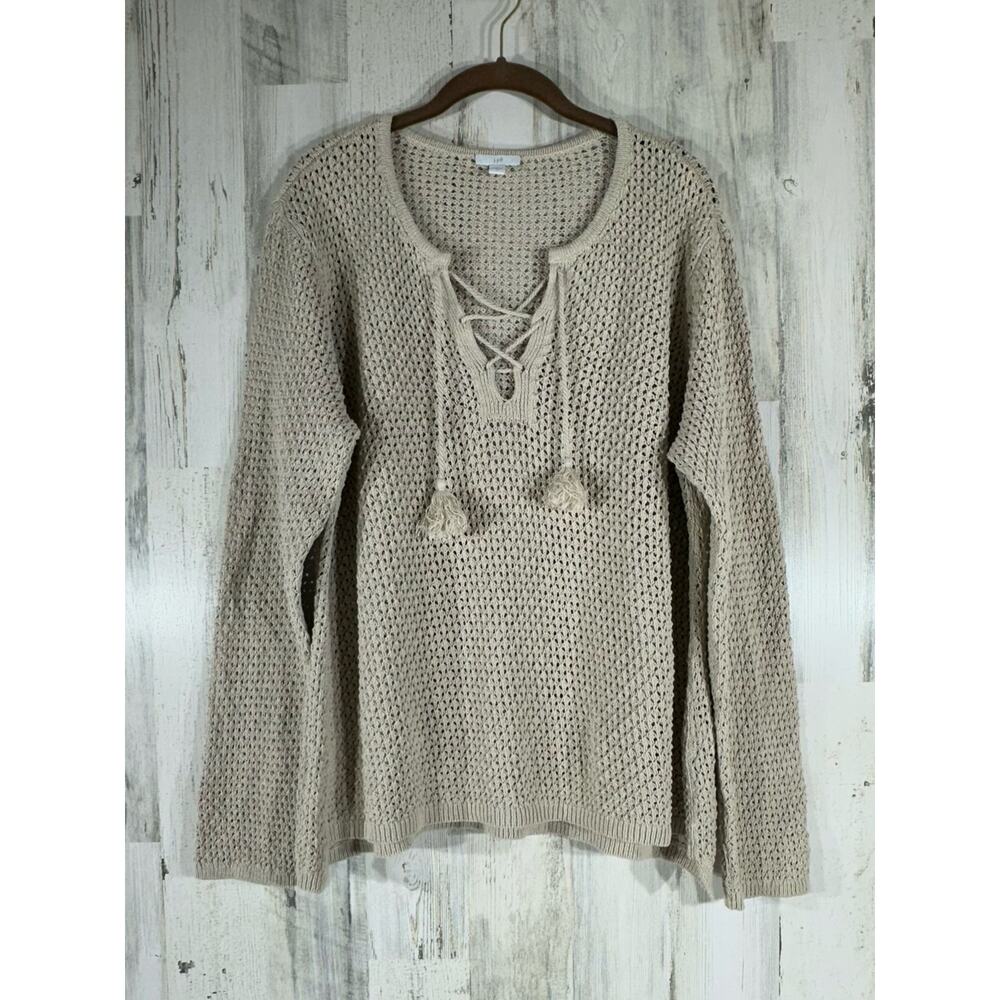 J‎ Jill Sweater Size Large Tan Sand Open Knit Lace Up Neck Tassels 100% Cotton